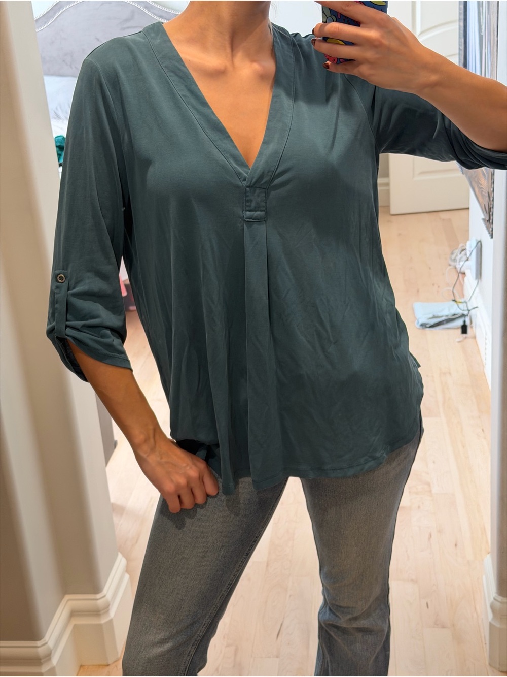 Lush Teal V-Neck Roll-Tab Sleeve Blouse
